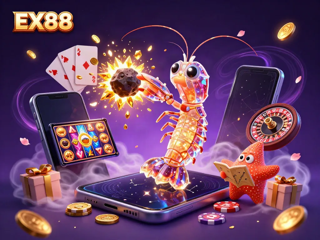 Engage with EX88 in this vibrant scene of winning at a cartoon casino game with colorful elements.