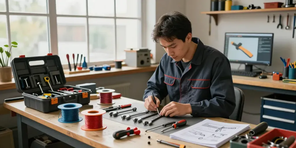 Technician using beta tools in a modern workshop, showcasing tool assembly skills and organization.