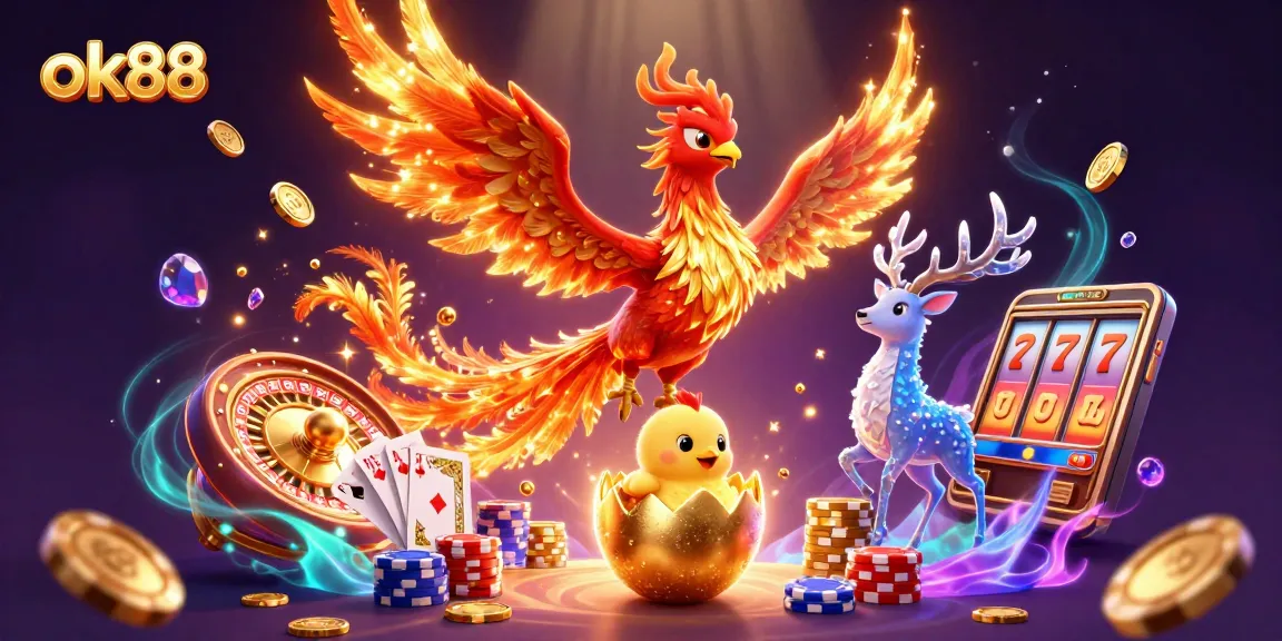 ok88 showcases an epic casino scene with a fire phoenix and dynamic gaming elements.