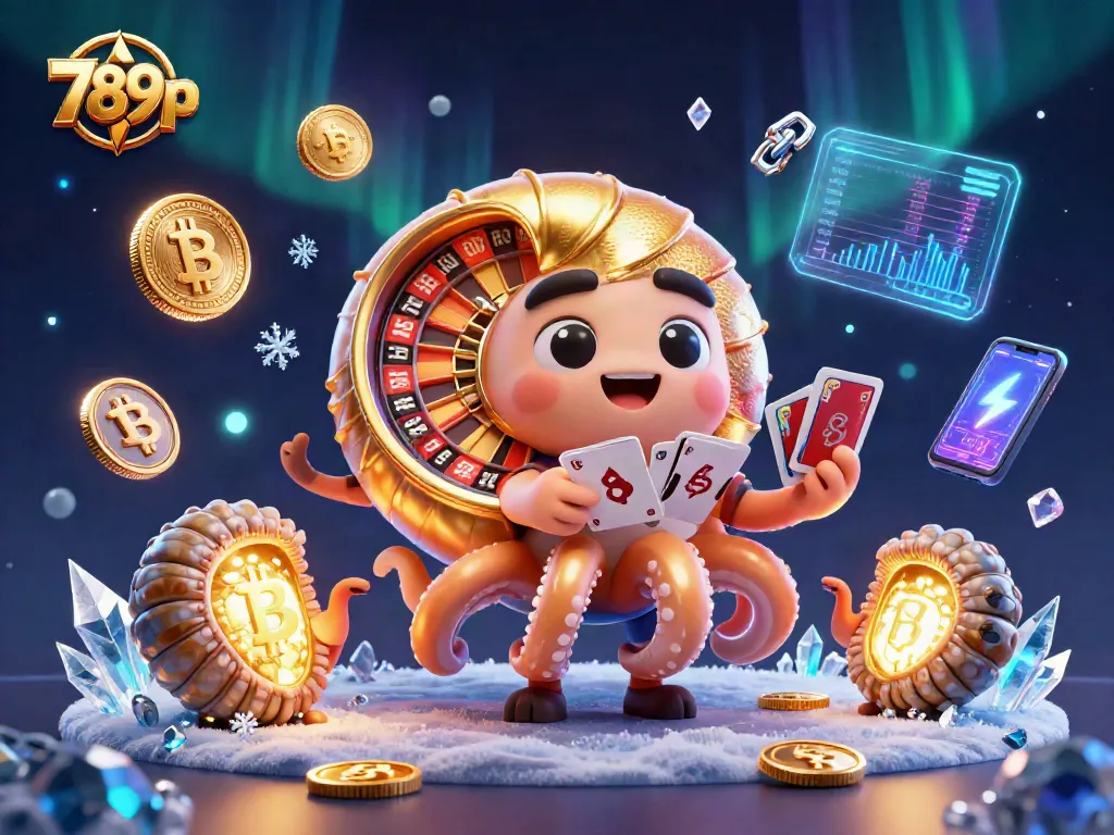 Engage with 789p's vibrant casino scene featuring a giant nautilus roulette wheel and glowing crypto elements.