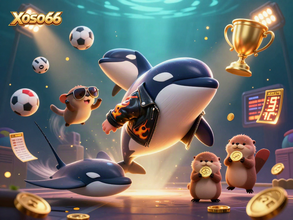 XOSO66 showcases animated sea creatures celebrating wins with golden coins in a vibrant underwater scene.