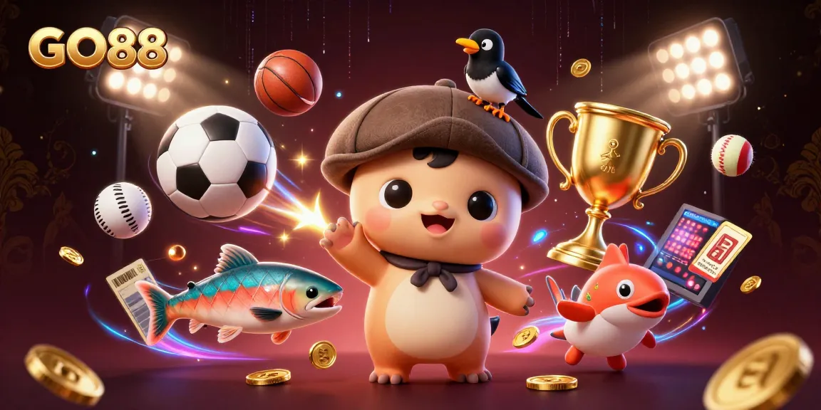 GO88 features vibrant cartoon characters in a rich online casino scene filled with dynamic game elements.