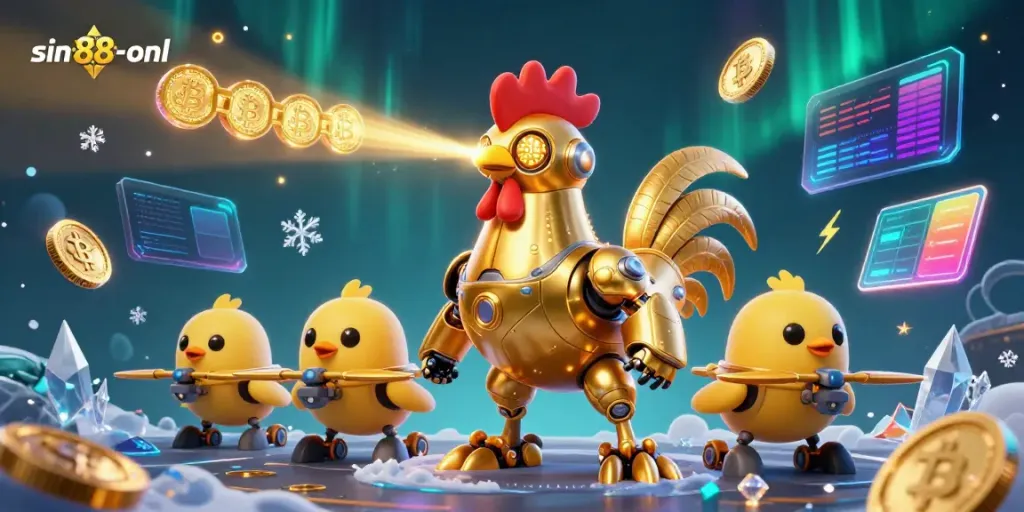Engage with the vibrant sin88-onl gaming scene featuring the retro futuristic rooster robot and crypto elements.
