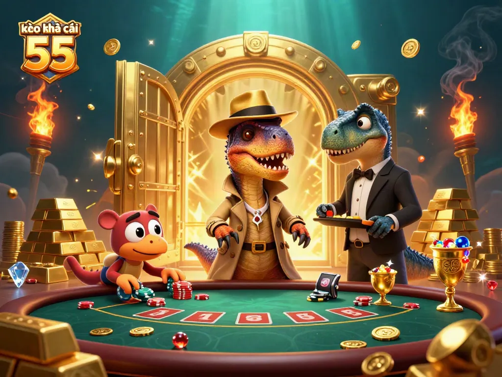 Engage with kèo nhà cái 55 as a velociraptor card counter amidst a high-stakes blackjack scene.