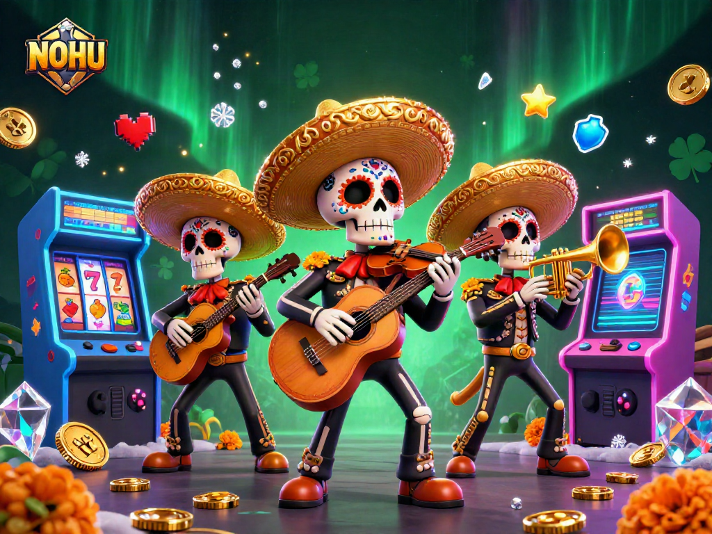 Engage in the action of NOHU's thrilling casino experience with vibrant mariachis, slot machines, and gaming excitement.