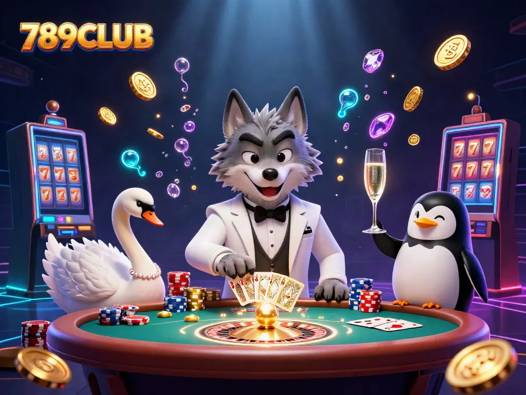 Experience the thrilling ambiance of 789CLUB with a cartoon wolf, elegant swan, and penguin in a lavish casino setting.