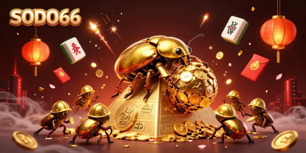 Experience SODO66's vibrant online gaming adventure with golden beetles and casino elements in 3D illustration.