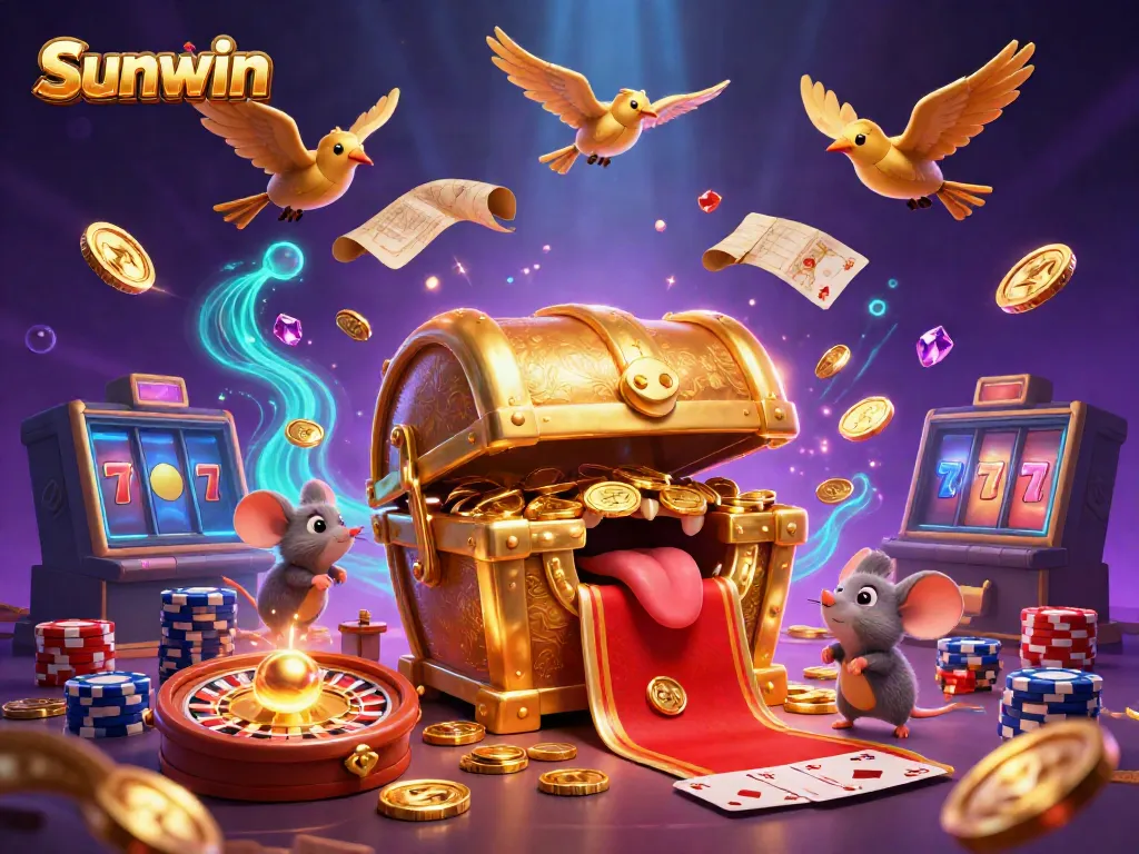 Sunwin showcases a treasure chest alluring adventurer mice with riches in a vibrant casino scene.
