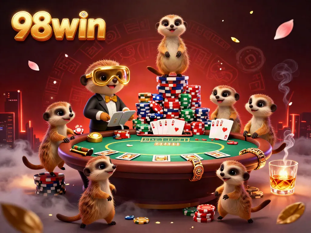 Engage with 98win's vibrant 3D casino scene featuring meerkats operating poker tables amid colorful chips and lively elements.