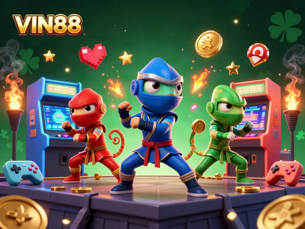 Experience thrilling wins at VIN88 with vibrant chameleon ninjas and arcade machines in action.