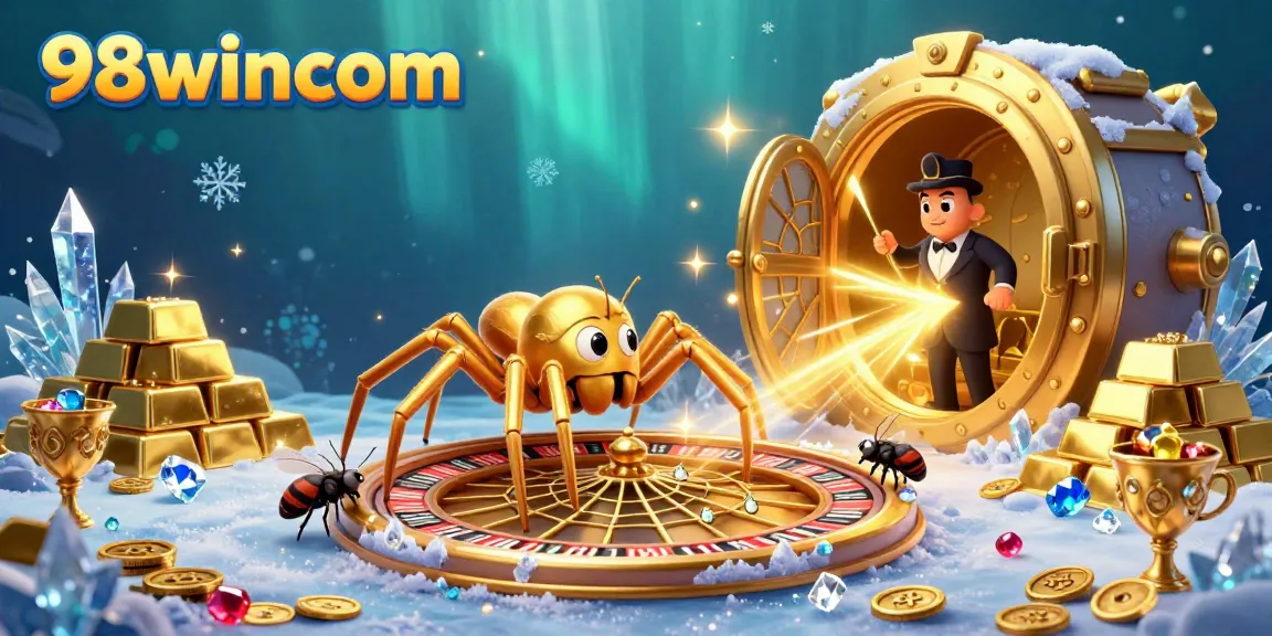 Experience thrilling betting at 98wincom with a vibrant 3D casino scene showcasing a roulette wheel and glittering treasure.