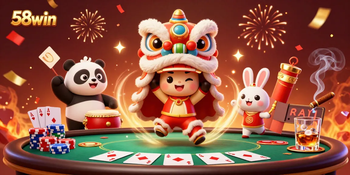 Experience the exciting 58win casino gaming scene with lively characters and poker elements.
