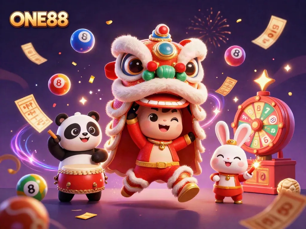 Experience the thrill of ONE88 with a festive 3D illustration capturing vibrant gambling elements and lively characters.