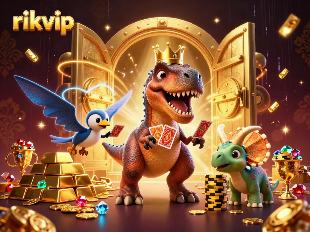 Experience the excitement of rikvip casino with a vibrant 3D illustration of fun characters and treasures.