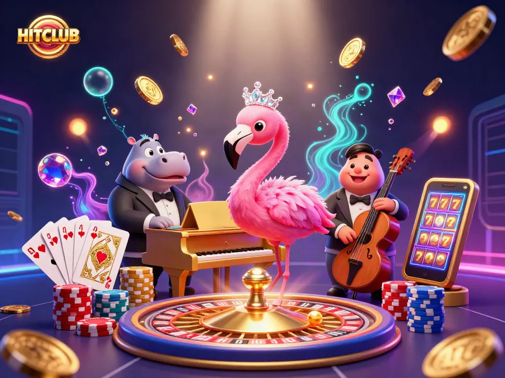 Capture the excitement at HITCLUB casino with vibrant gaming elements and engaging characters.