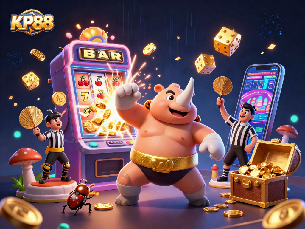 KP88 showcases a thrilling slot machine jackpot with a beetle sumo champion amidst flying coins and vibrant casino elements.