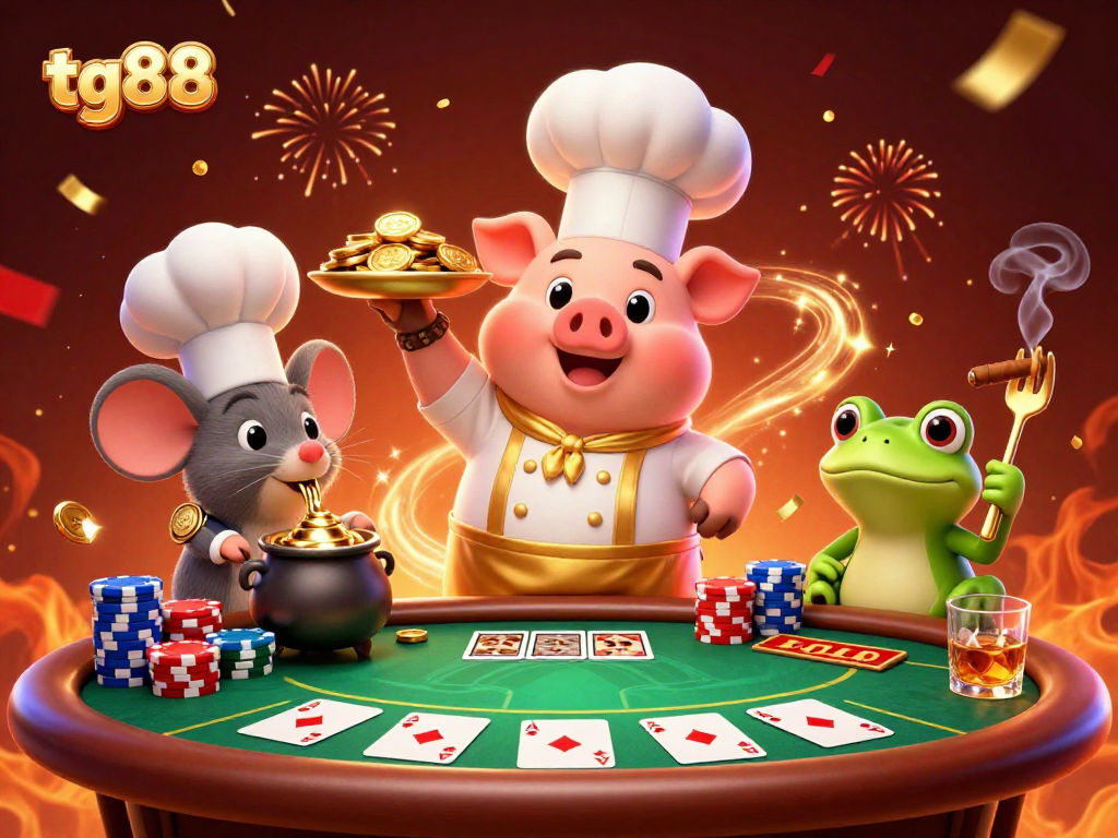tg88 brings casino excitement to life as a cartoon chef pig serves gold coins in a vibrant scene.
