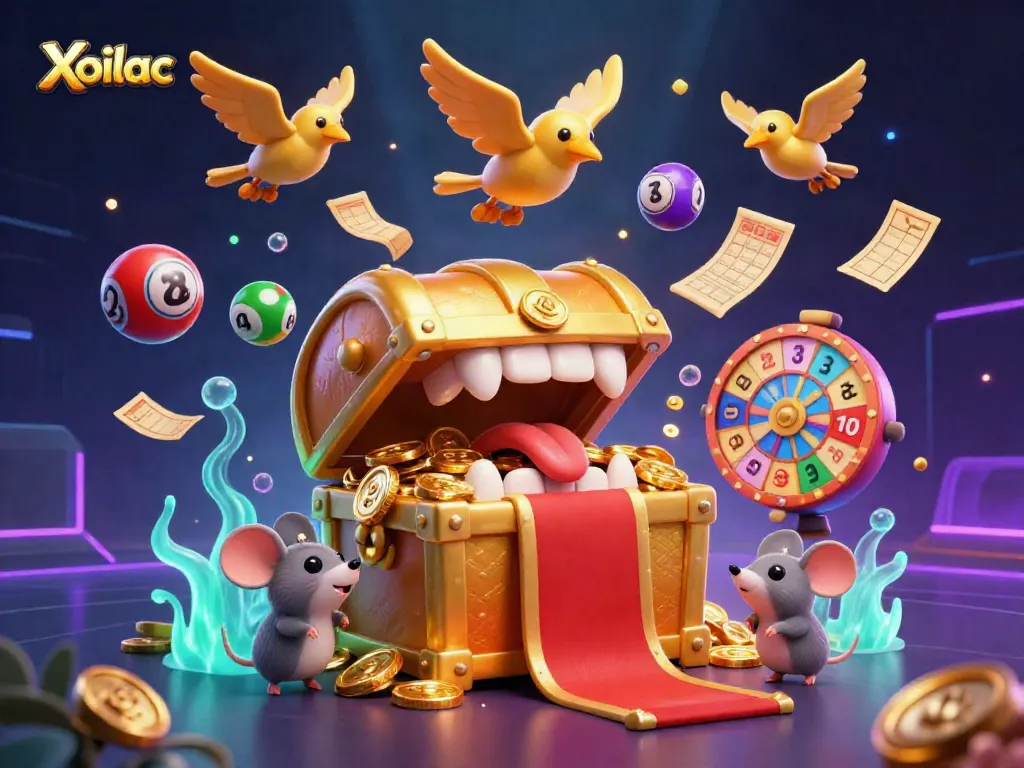 Xoilac's treasure chest scene captivating adventurers with vibrant lottery elements and colorful dynamics.