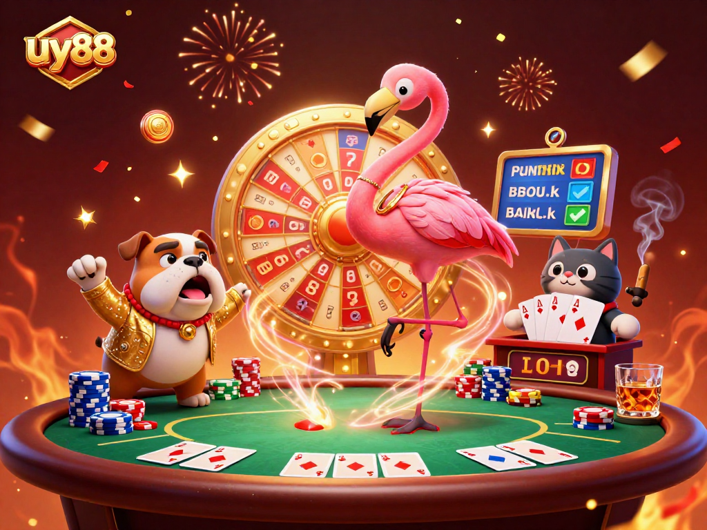 Engage in exciting gameplay at uy88, where a flamingo host and bulldog contestant celebrate big wins!