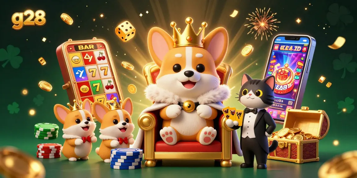 Join the exciting casino world with g28 featuring a royal corgi on a throne of poker chips amidst jackpot celebrations.