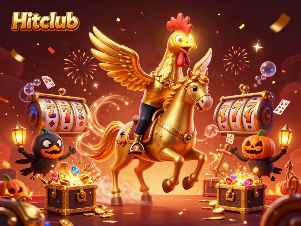Hitclub offers an exciting casino atmosphere with a golden rooster character amidst vibrant gaming elements.