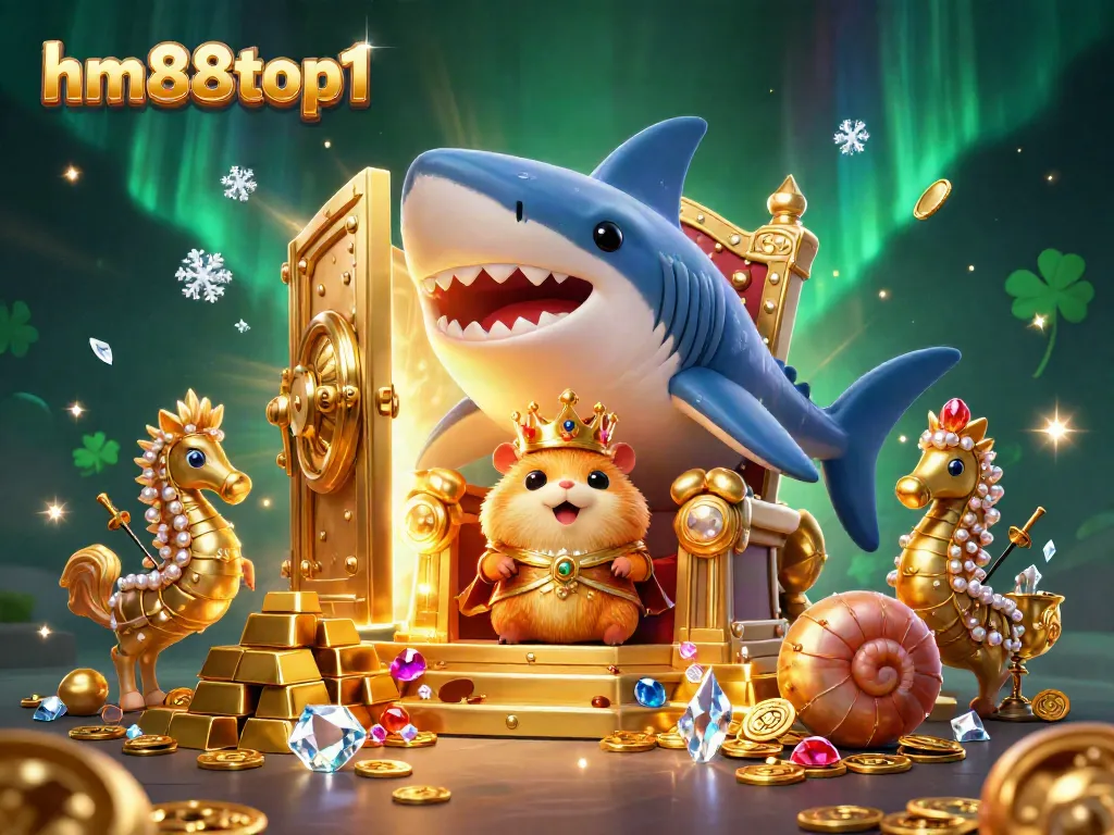 Play exciting games at hm88top1, featuring whimsical characters amidst piles of treasures and rich casino elements.