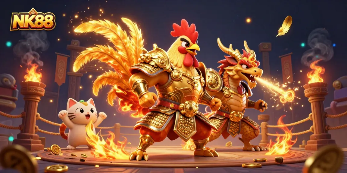 Engage with exciting games at NK88, featuring a warrior rooster in a vibrant 3D casino scene.