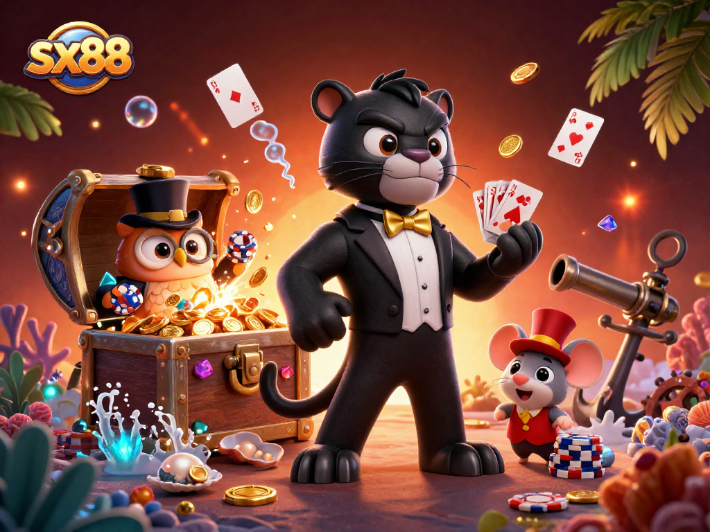 SX88 presents a lively casino scene with a stylish panther dealer, owl with poker chips, and a lucky mouse playing cards amidst gems and underwater treasures.