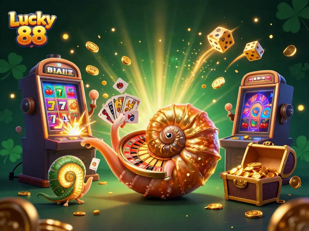 Experience the excitement of Lucky 88 with a vibrant casino scene featuring a golden nautilus roulette wheel.