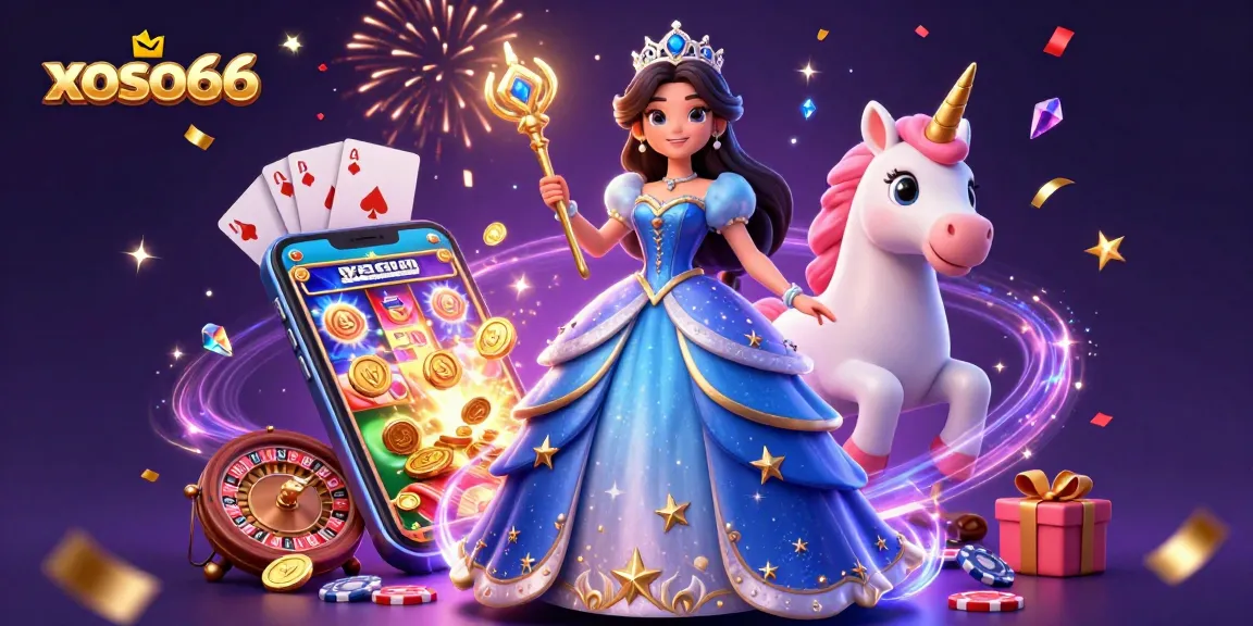 Experience the thrill of xoso66 with vibrant slot games and magical elements in this illustrative scene.