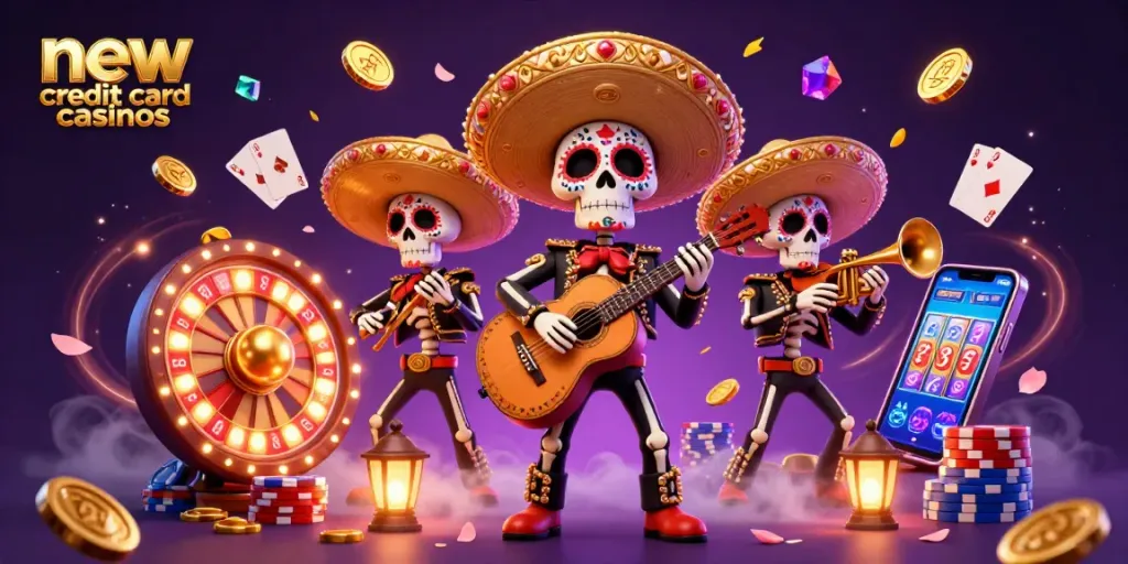 Experience the thrill at new credit card casinos with a 3D mariachi band surrounded by dynamic gaming elements.