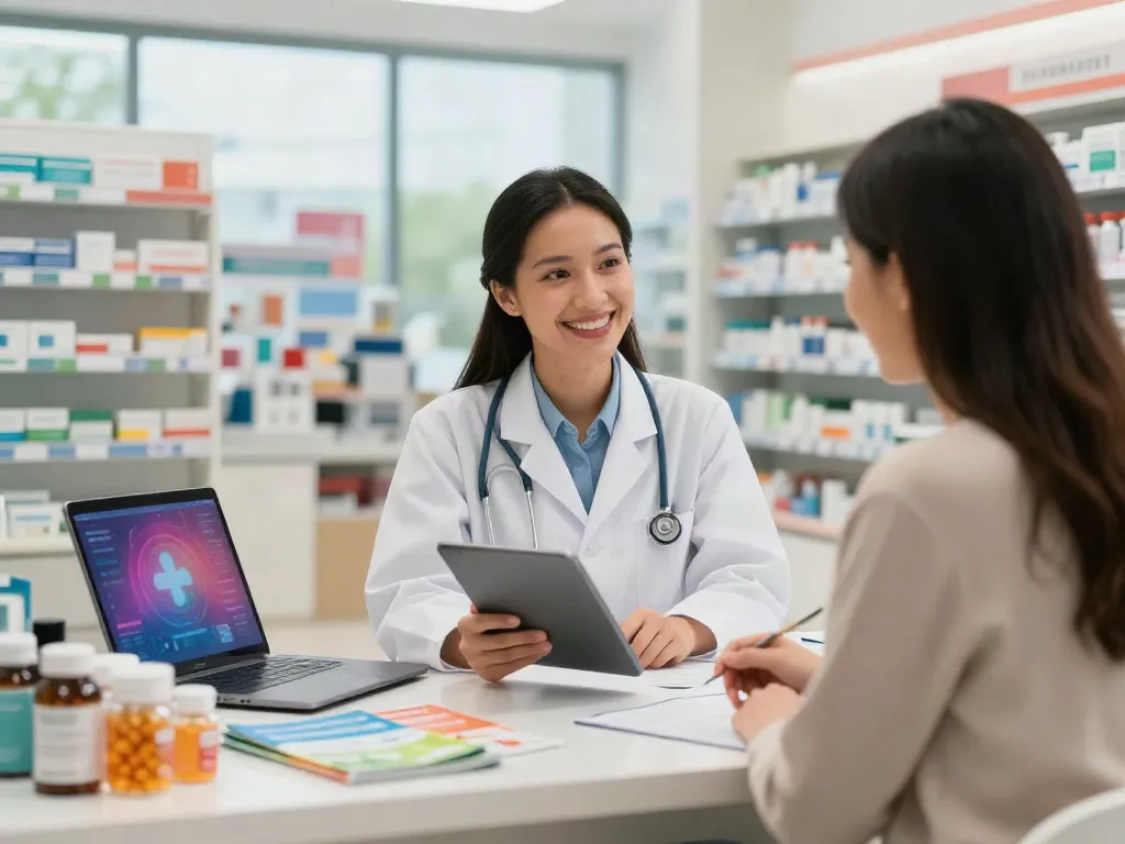 Customer using the nhs waist to height ratio calculator during a pharmacy consultation.