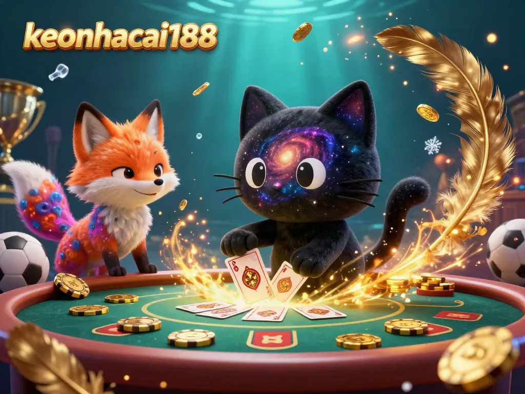 Engage with keonhacai188's dynamic sports betting scene featuring a black hole cat and nebula fox at a cosmic casino table.