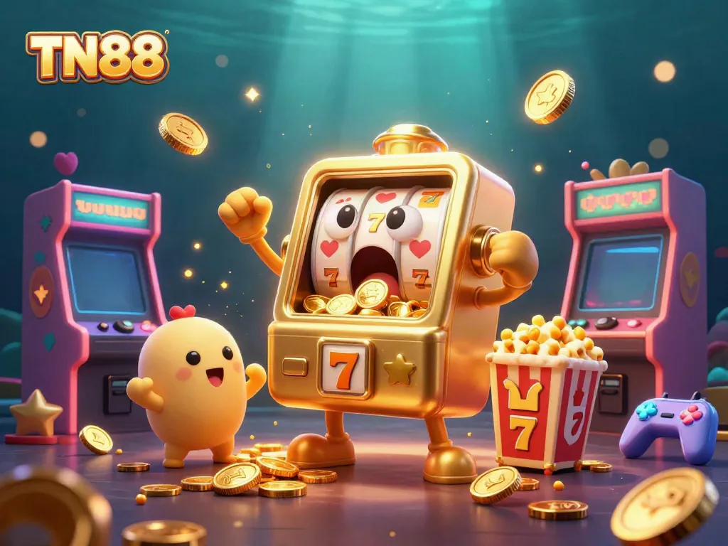 Experience the thrilling jackpot excitement at TN88 with exuberant slot machines and gold coins.