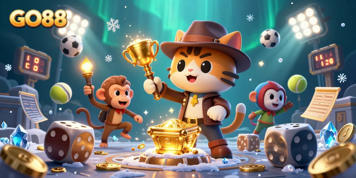 GO88 showcases an explorer cat discovering a golden casino artifact amidst vibrant casino elements.