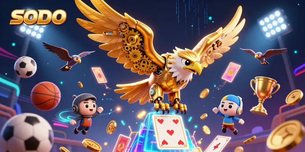 SODO themed illustration featuring a cybernetic eagle, dynamic sports elements, and holographic cards