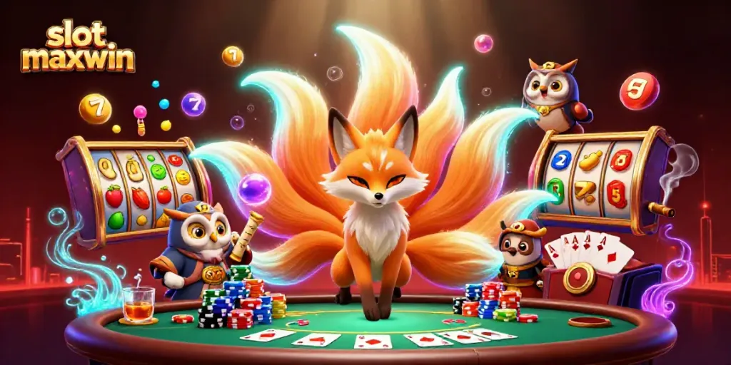 Experience exhilarating fun with slot maxwin in a vibrant 3D casino scene featuring lucky symbols and colorful characters.