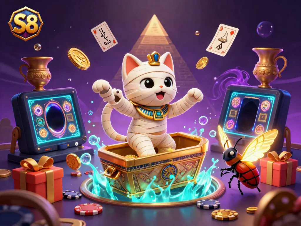 Engage in thrilling slot gameplay with S8’s vibrant mummy cat and glowing scarab in a colorful casino.