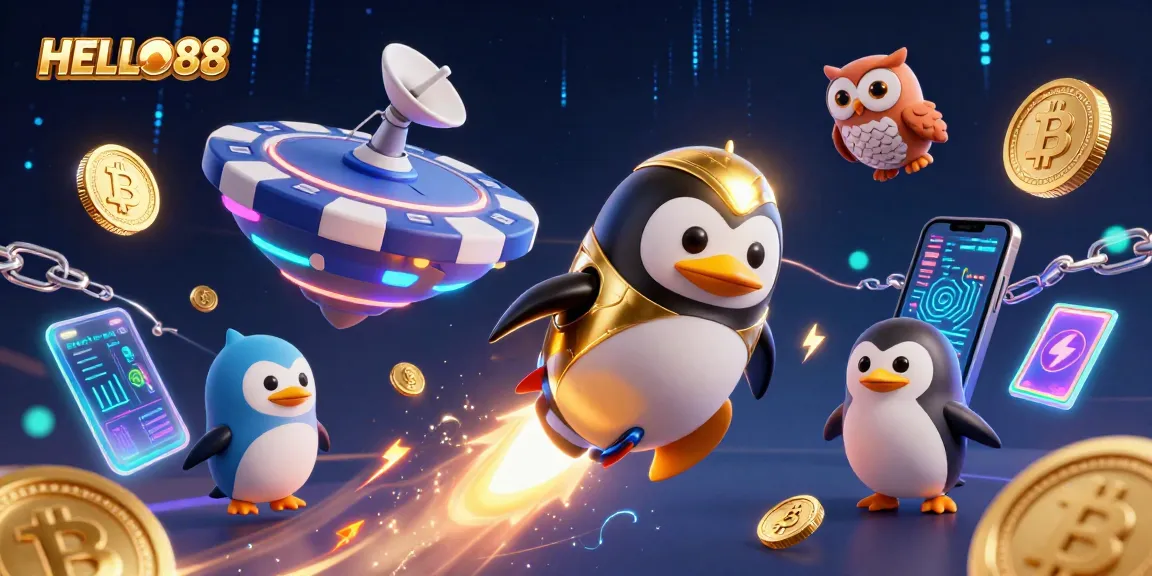Experience the vibrant world of HELLO88 with a dazzling penguin blasting through space in a casino adventure.