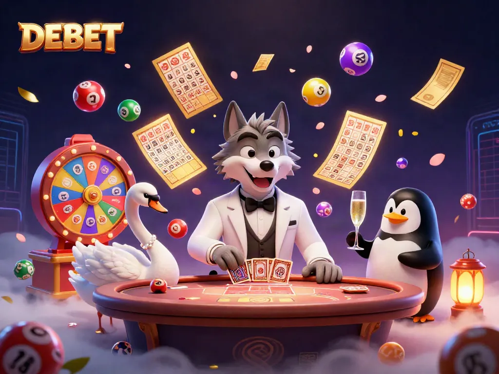 Experience the thrill of gaming with DEBET in this vibrant casino scene featuring animated characters and dynamic game elements.
