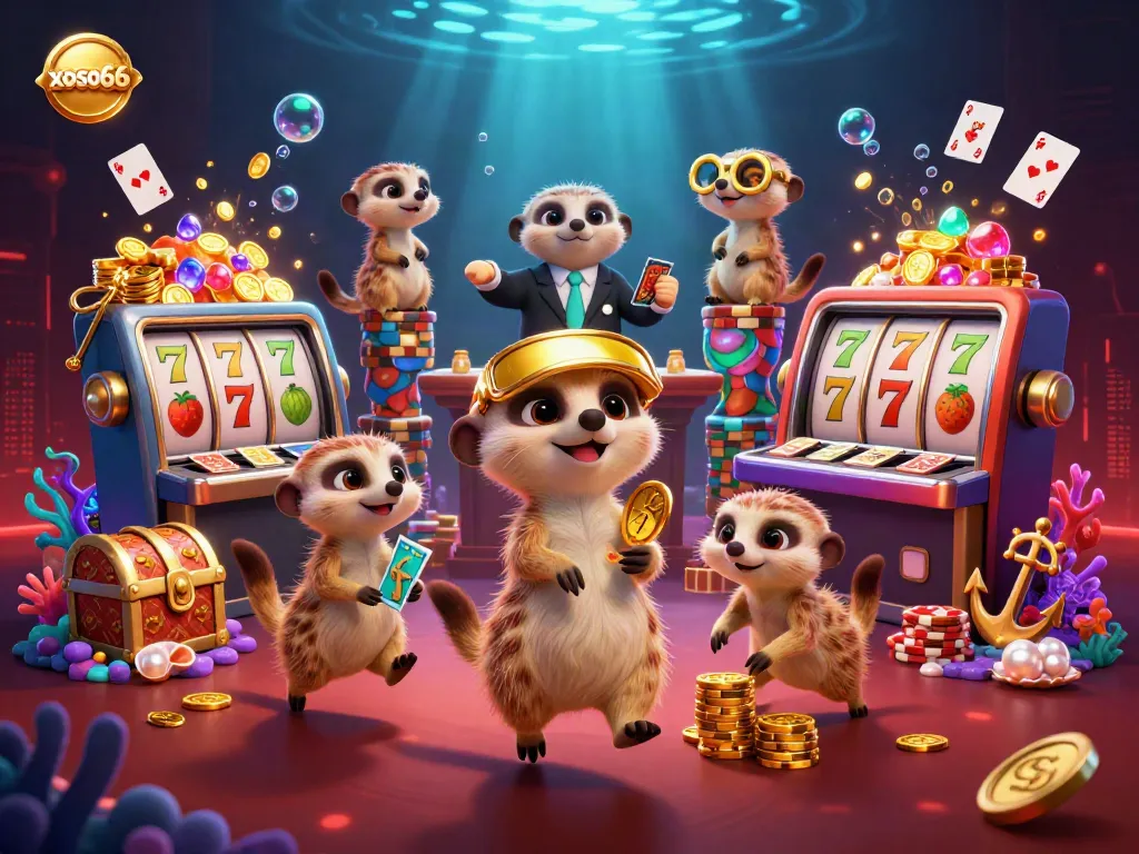 Engaging meerkats operating a lively casino filled with vibrant slot machines, showcasing xoso66.