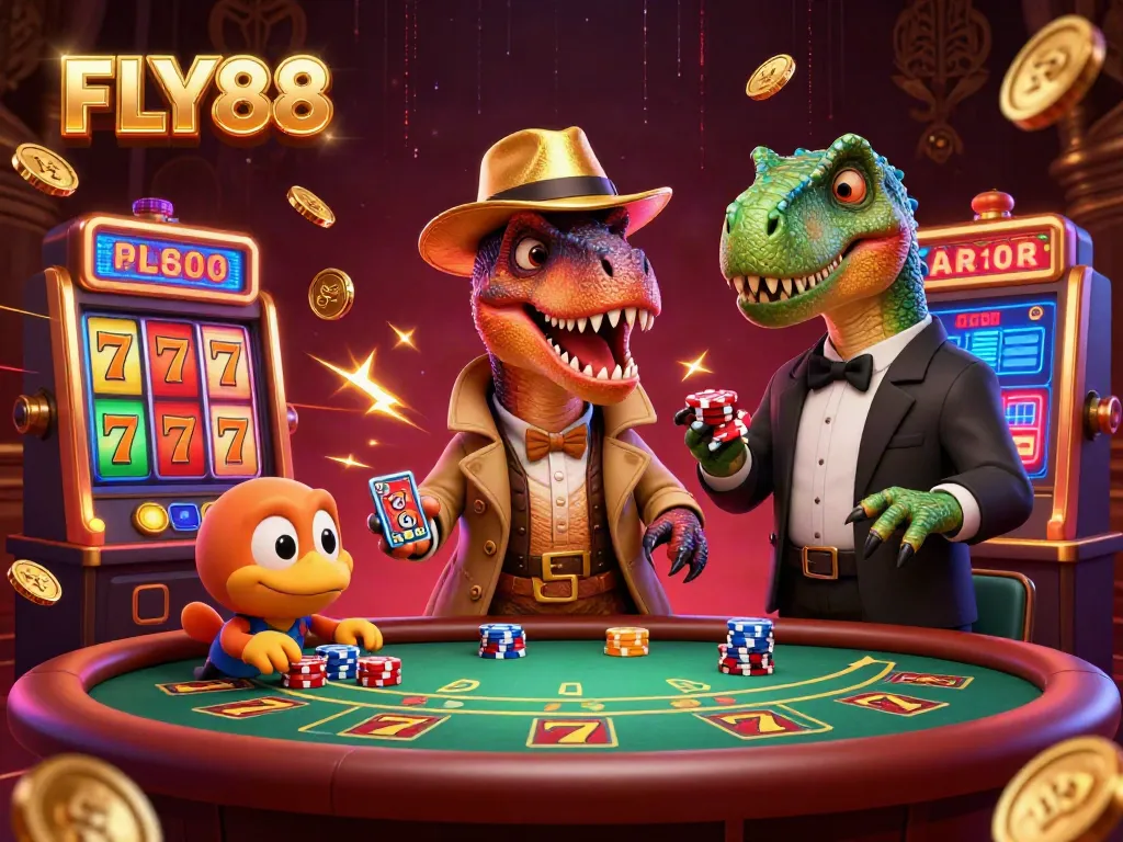 Experience FLY88 action with a cartoon dinosaur scene featuring a card counter and blackjack dynamics.