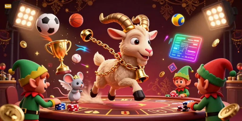 Engage with Nowgoal's thrilling gaming experience as a Krampus goat presides over a chaotic holiday-casino scene.