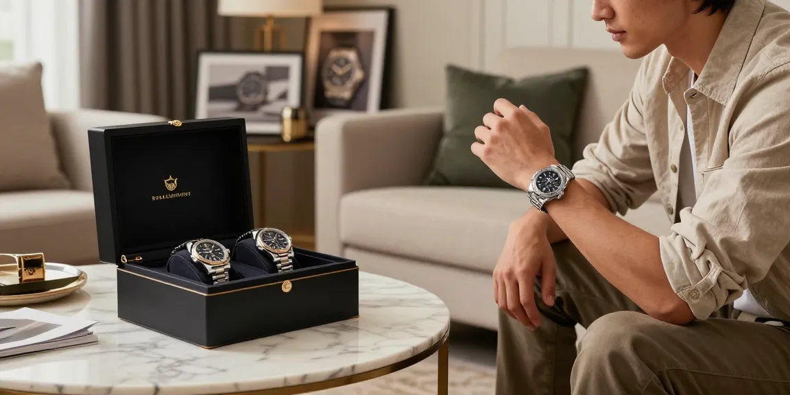 Admiring high-quality replica watches displayed in an elegant living room setting, highlighting luxury and sophistication.