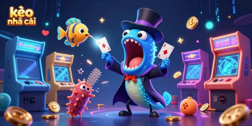 Experience the thrill of kèo nhà cái with a bioluminescent eel performing magic tricks in a vibrant casino setting.