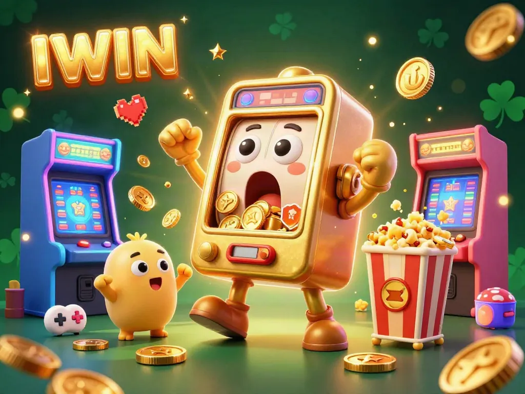 IWIN slot machine hitting a jackpot, surrounded by cheering mini machines and arcade elements, engaging in casino action.