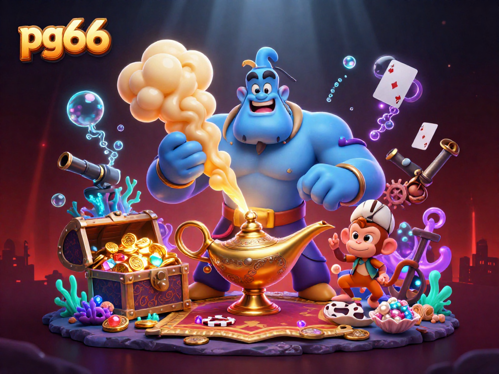 Engage with the vibrant world of pg66, showcasing a genie, poker chips, and treasure in a magical casino adventure.
