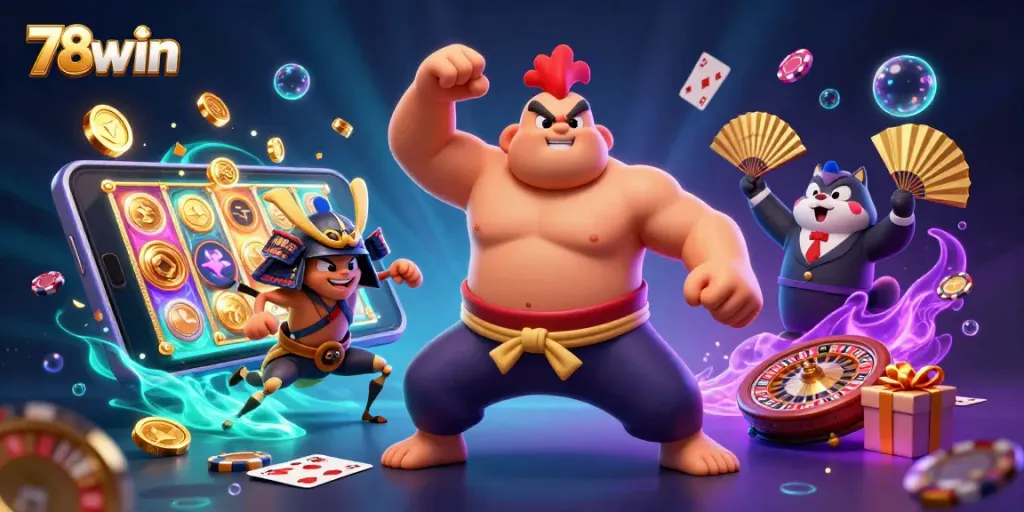 Engage in exciting gameplay with 78win, featuring a dynamic rooster and cricket battling amidst vibrant slot games.