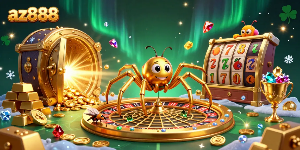 az888 captivates with vibrant 3D casino illustration of spiders, jewels, and slot reels.