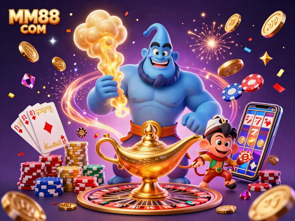 Experience jackpots with MM88 COM: a vibrant casino scene featuring a genie, poker chips, and a roulette wheel.